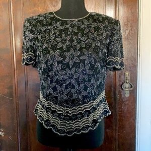 Vintage Black Beaded Silk Top Flowers Pearls Short Sleeves Black Tie